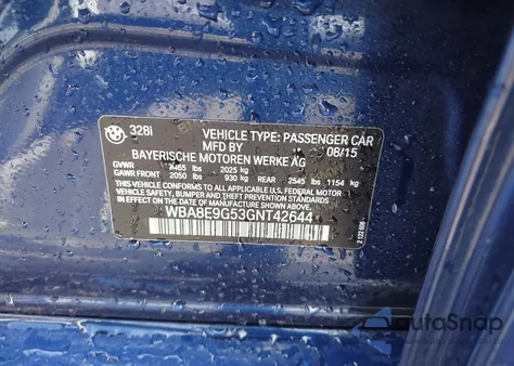 2016 BMW 328I from USA, damaged, VIN WBA8E9G53GNT42644